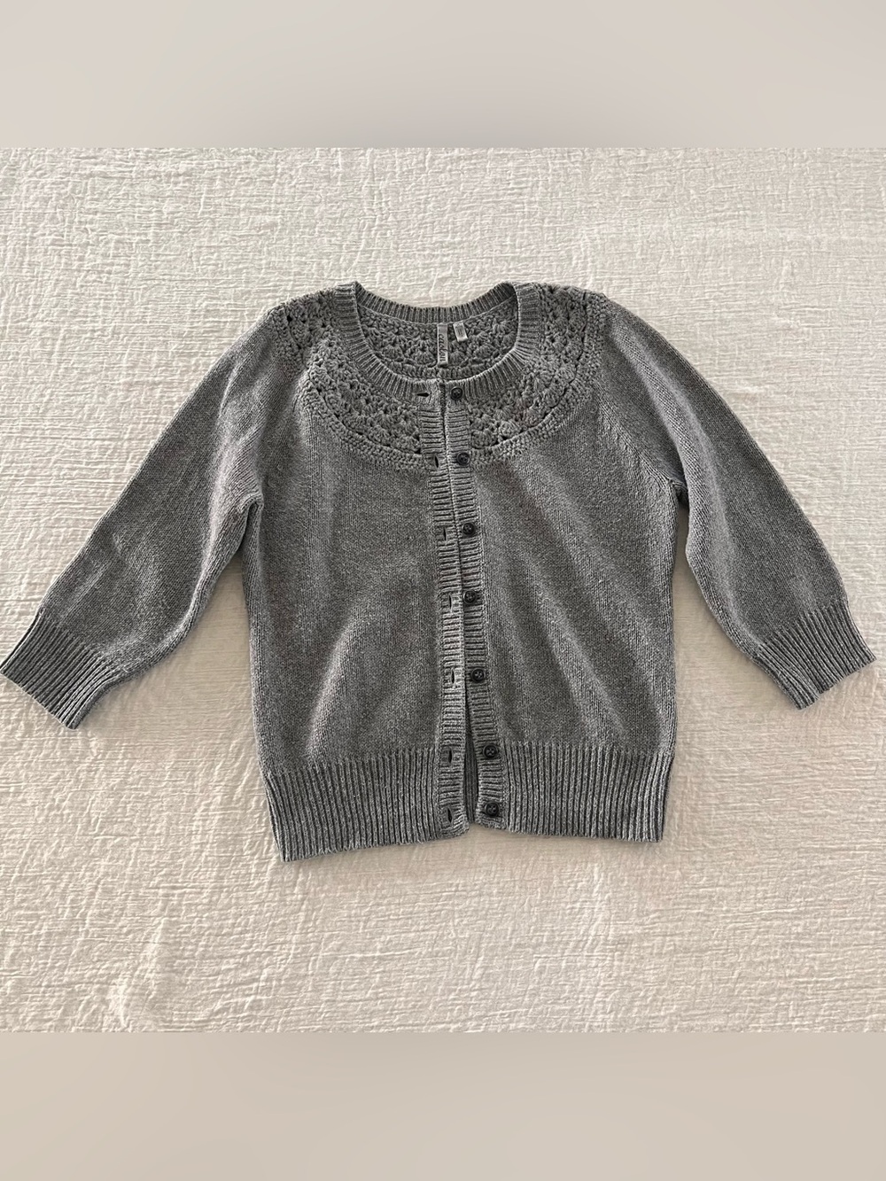 Caslon Chunky Knit Cardigan Crochet-Yoke Button Down Grey Size Medium Petite
